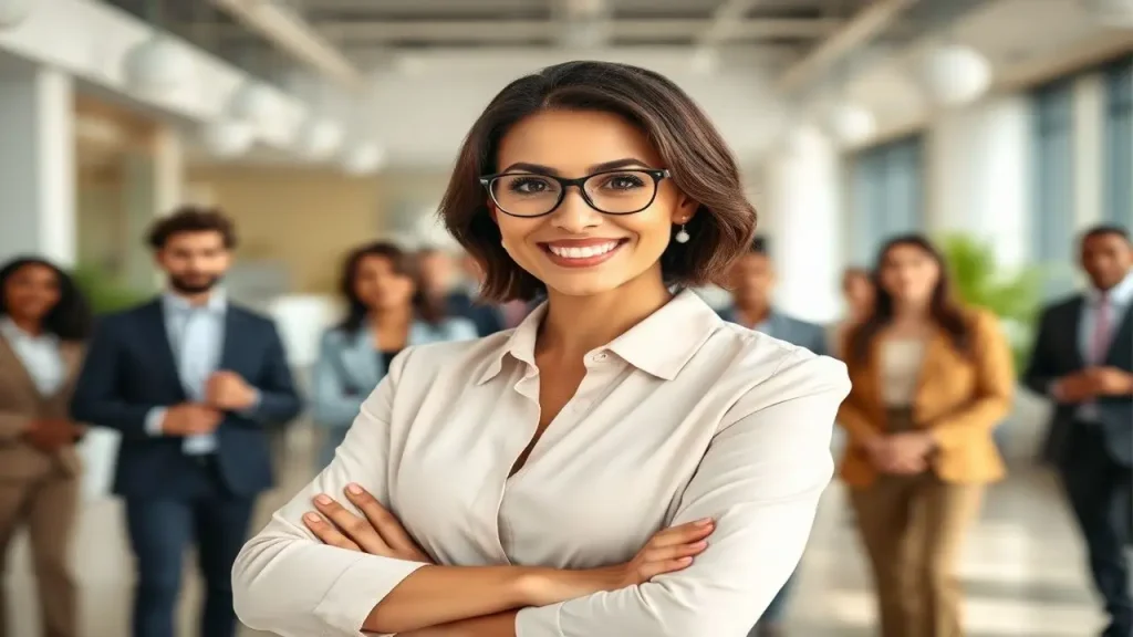 Profesional, sonriente, oficina moderna, equipo diverso