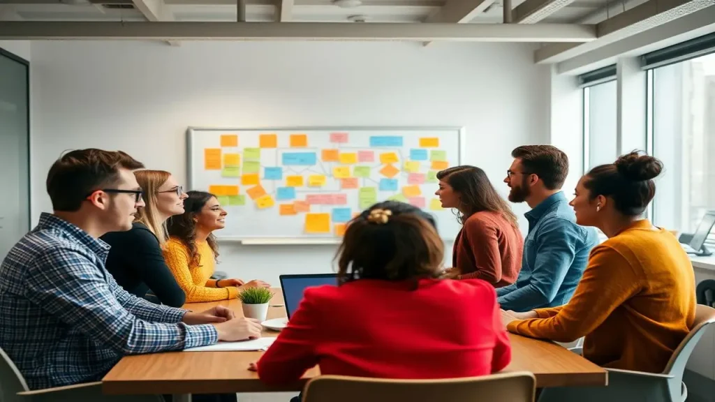 Equipo diverso colabora activamente en oficina moderna