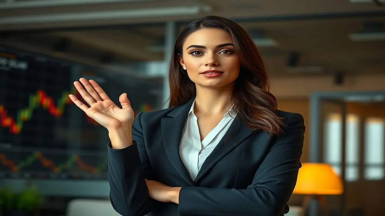 Mujer profesional presenta éxito, gráficos al fondo