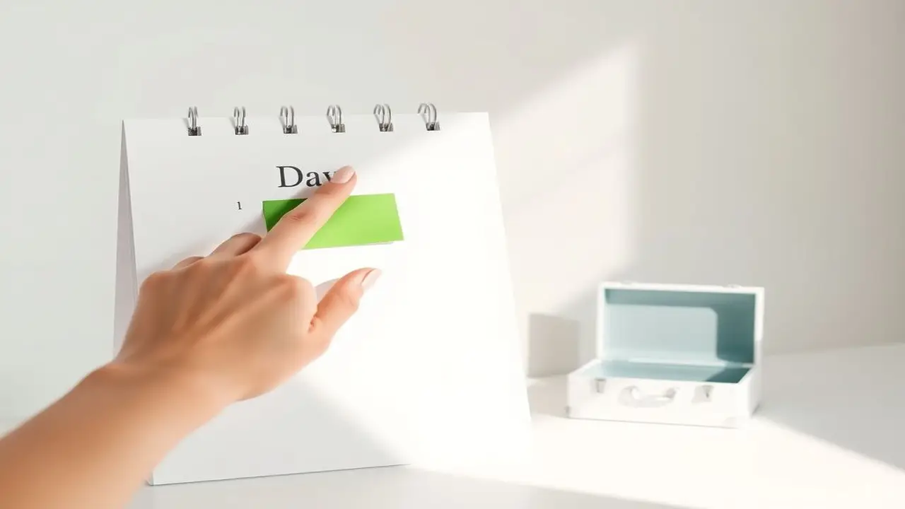 Calendario, mano señala día libre, maletín
