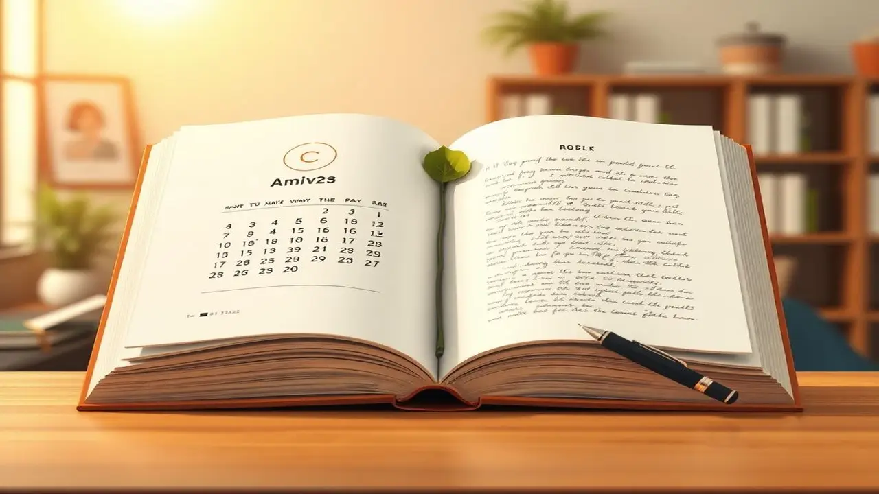 Libro abierto, calendario, texto, luz cálida