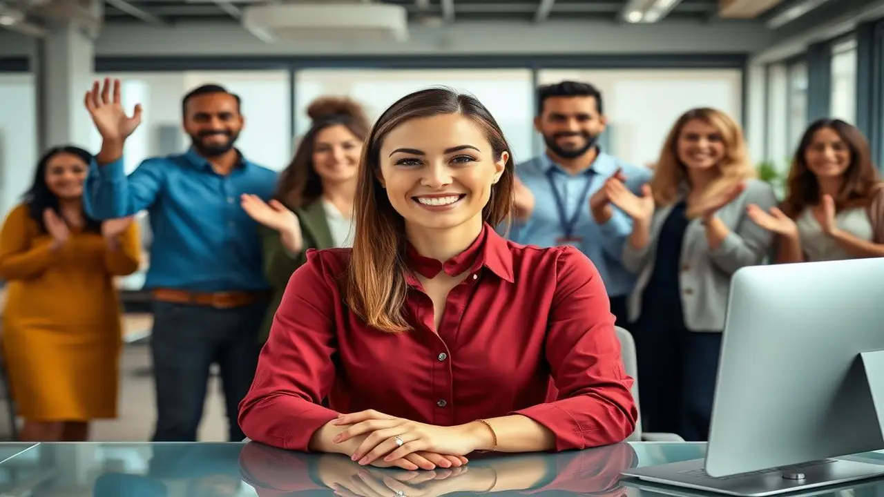 Nueva empleada sonríe en equipo vibrante