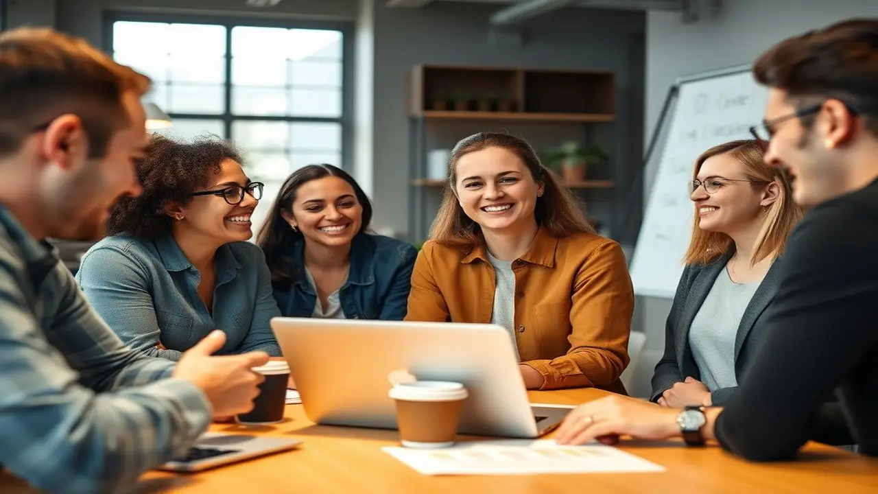 Equipo sonriente colabora en oficina moderna