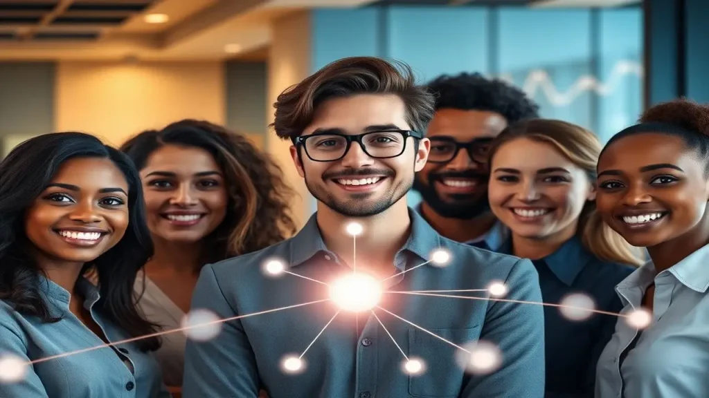 Profesionales diversos sonríen, éxito colaborativo en oficina