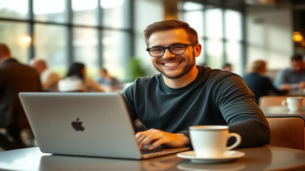 Hombre sonriente con laptop en café