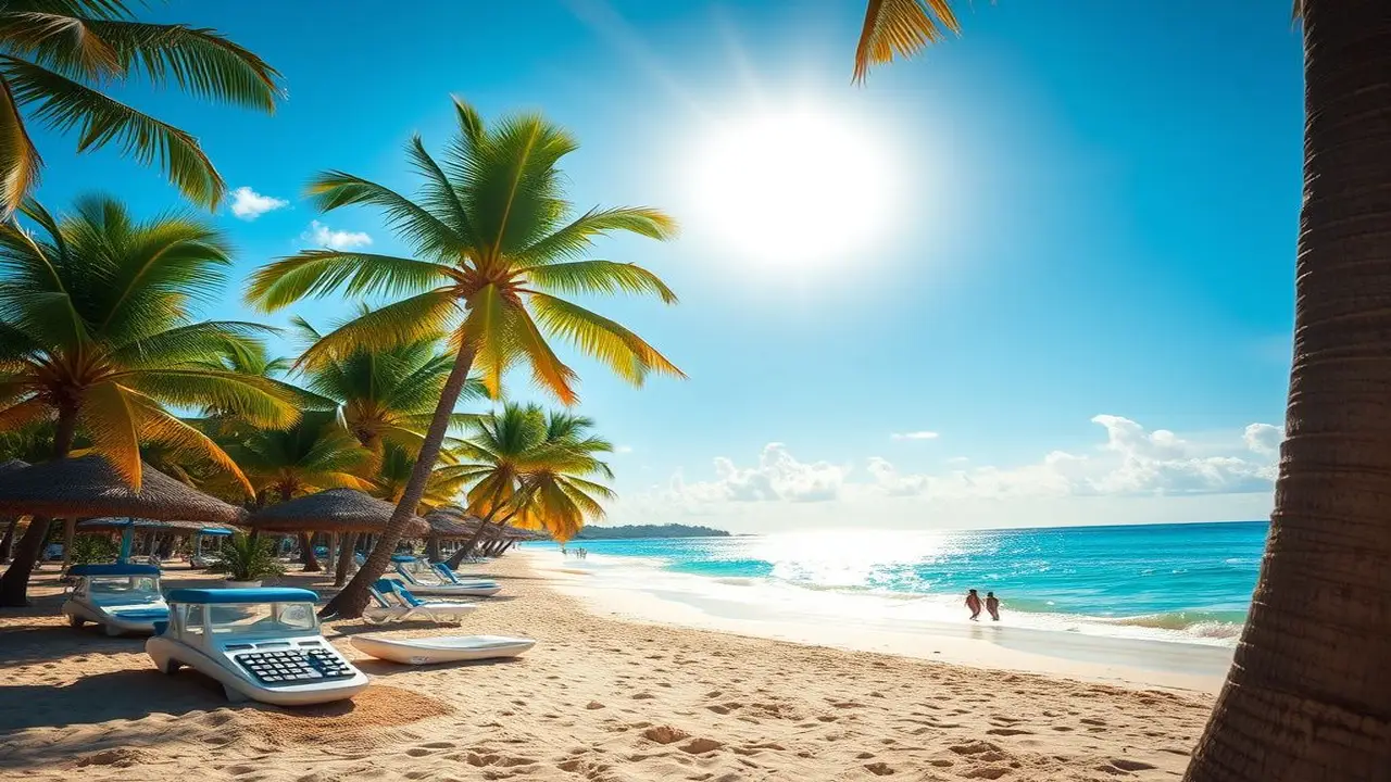 Playa mexicana: sol, arena, calculadora, vacaciones
