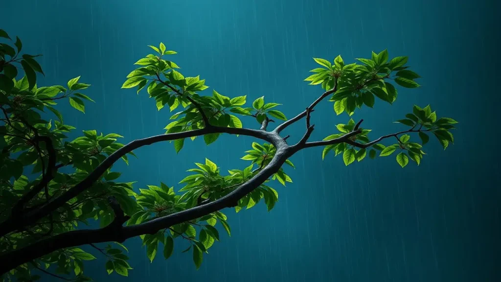 Árbol fuerte resiste tormenta con arcoíris