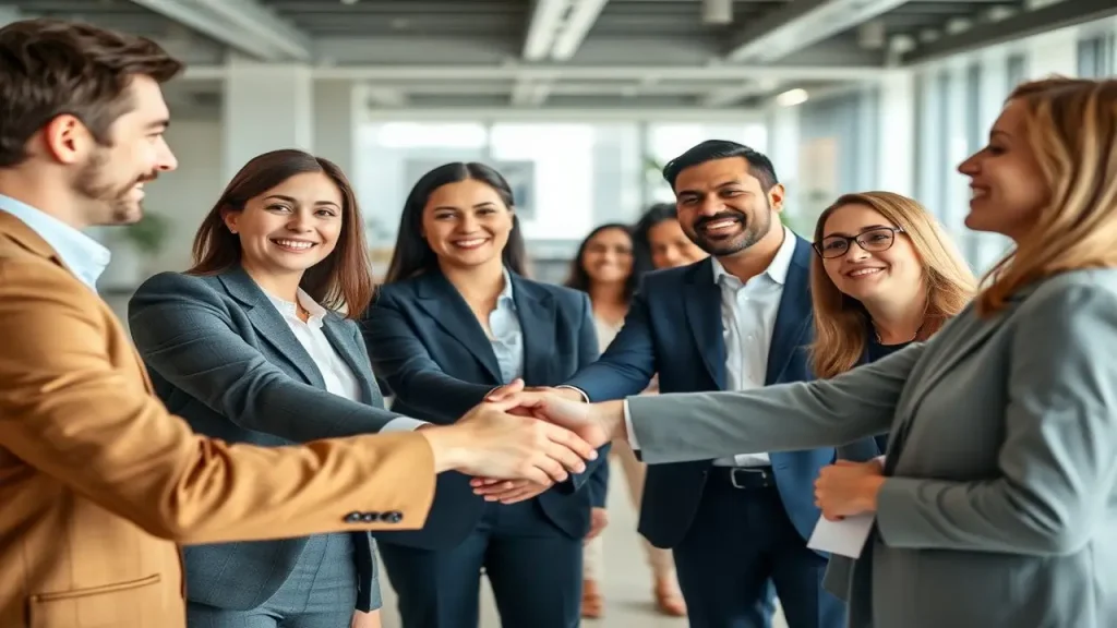 Profesionales diversos sonríen, trabajo en equipo, éxito